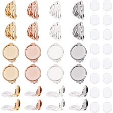 UNICRAFTALE 32 Sets 4 Colors Flat Round Clip-on Earring Settings with Silicone Earring Pads Non-Pierced Earrings 304 Stainless Steel Earring Components for DIY Jewelry Making