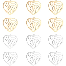 UNICRAFTALE 12pcs 2 Colors Heart with Wavy Filigree Charms 201 Stainless Steel Pendants 1.4mm Small Hole Charms for DIY Jewelry Making