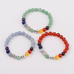 Honeyhandy Stretch Buddhist Jewelry Multi-Color Gemstone Chakra Bracelets, with Tibetan Style Beads, Antique Silver, Mixed Stone, 55mm