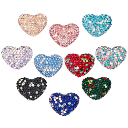 PandaHall Elite 10Pcs 10 Color Heart Handmade Polymer Clay Rhinestone Beads, for Bubblegum Jewelry, Mixed Color, 24x19x13mm, Hole: 1.8mm, 1Pc/color