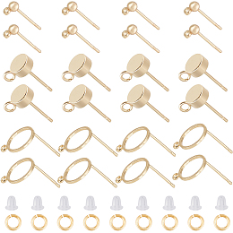 CREATCABIN 30Pcs 3 Style Ring & Flat Round & Round Brass Stud Earrings Findings, with Loops, 30Pcs Plastic Ear Nuts, 30Pcs Brass Open Jump Rings, Real 18K Gold Plated, 9~13x6~13mm, Hole: 1.2~1.8mm, Pin: 0.7~0.8mm, 10Pcs/style