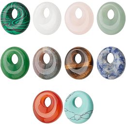 NBEADS 10 Pcs 10 Styles Natural Donut Gemstone Charms, 17.5mm Flat Round Mixed Natural and Synthetic Donut Stone Beads Pendants Natural Stone Pendant for Jewelry Making, Hole: 5.5mm