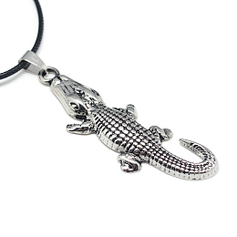 Honeyhandy Alloy Pendant Necklaces, with Waxed Cord and Iron End Chains, Crocodile, Antique Silver, 17.3 inch(44cm)