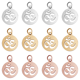 BENECREAT 30Pcs 3 Colors 304 304 Stainless Steel Pendants, Flat Round with Aum/Om Symbol, Mixed Color, 14x12x1.1mm, Hole: 3mm, 10pcs/color