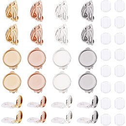 UNICRAFTALE 32 Sets 4 Colors Flat Round Clip-on Earring Settings with Silicone Earring Pads Non-Pierced Earrings 304 Stainless Steel Earring Components for DIY Jewelry Making