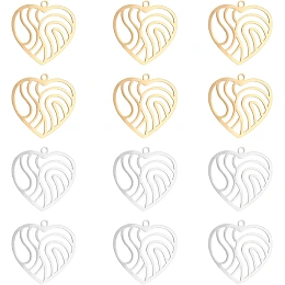 UNICRAFTALE 12pcs 2 Colors Heart with Wavy Filigree Charms 201 Stainless Steel Pendants 1.4mm Small Hole Charms for DIY Jewelry Making