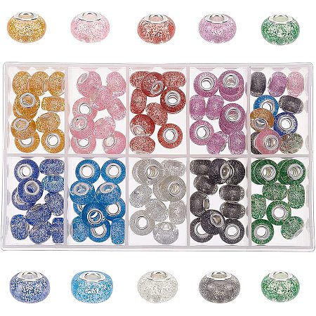 Olycraft Epoxy Resin European Beads, Large Hole Beads, with Glitter Powder and Platinum Tone Brass Double Cores, Rondelle, Mixed Color, 14x9mm, Hole: 5mm; 10 colors, 10pc/color, 100pcs/box