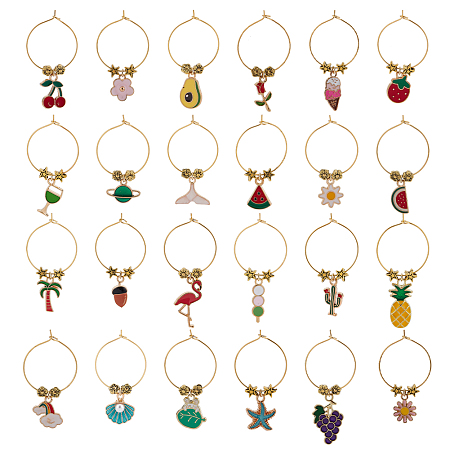 BENECREAT 24Pcs 24 Style Summer Theme Alloy Enamel Wine Glass Charms, Goblet Marker, with Brass Wine Glass Charm Rings, Fruit & Drink & Tree, Golden, 42~65mm, 1pc/style