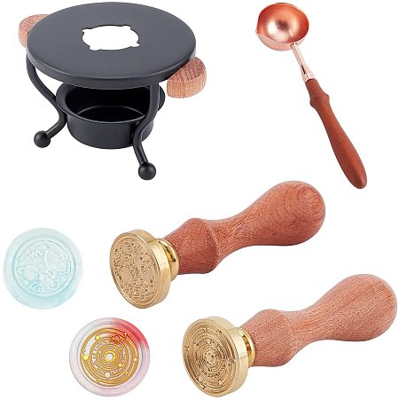 CRASPIRE Sealing Wax Kit Iron Wax Furnace with 1pc Wax Spoon, 2pcs Wax Seal Stamp Heads with 2pcs Wooden Handle, Wax Seal Warmer Melting Kit for Wedding Invitation(Universe + Solar System)