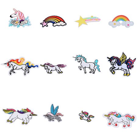 GORGECRAFT 12PCS Unicorn Iron On Patch Embroidered Fabric Appliques Motif Rainbow Decoration Sew On Stickers for Clothing Bags, Hats, Embroidery Arts Crafts