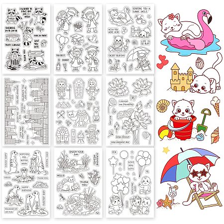 GLOBLELAND 9 Sheets Mixed Theme Silicone Clear Stamps Seal for Card Making Decor and DIY Scrapbooking(Raccoon Kitten Graduation American City Egyptian City Lotus Meerkat Pond Baby Balloons)