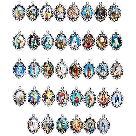 PH PandaHall 100pcs Pendant Trays Kit, 50pcs Pendant Trays Oval Bezels with 50pcs Jesus and The Virgin Glass Dome Tiles for Crafting DIY Jewelry Making, 18x13mm