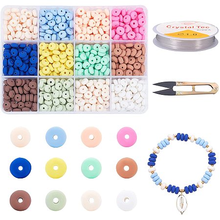 PandaHall Elite 3mm Thick Polymer Clay Beads, 840pcs 12 Colors 6mm Flat Round Heishi Beads Loose Disc Spacer Beads with 4.3 Yards 1mm Crystal Elastic Stretch Thread Steel Scissor for DIY Jewelry Craft