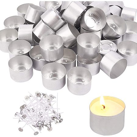 PH PandaHall 50pcs Aluminum Tea Light Candle Light Cup Container Candle Holding with 50pcs Candle Wicks for DIY Tea Light Candle Making Party Wedding Decoration