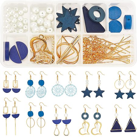 SUNNYCLUE 1 Box DIY Make 10 Pairs Blue Wood Geometric Dangle Earring Jewelry Making Kit Heart Teardrop Charms Star Pendants Glass Pearl Beads for Women Earring Jewelry Making Supplies Craft