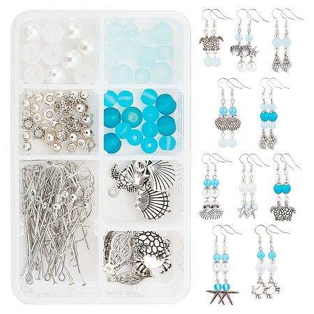 SUNNYCLUE Blue Ocean Theme Earrings DIY Making Kits, Including Alloy Pendants & Links & Beads & Bead Caps, Glass Pearl Beads, Brass Pins & Earring Hooks, Antique Silver, Pendant & Link & Bead: 20Pcs/set