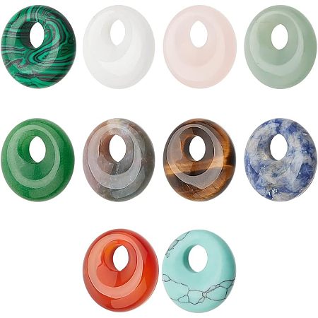 NBEADS 10 Pcs 10 Styles Natural Donut Gemstone Charms, 17.5mm Flat Round Mixed Natural and Synthetic Donut Stone Beads Pendants Natural Stone Pendant for Jewelry Making, Hole: 5.5mm