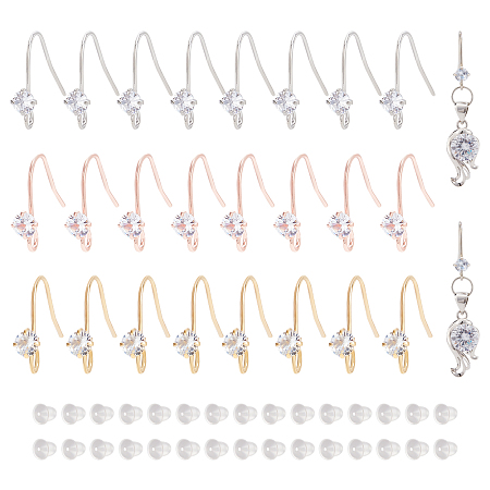 BENECREAT 24Pcs 3 Colors Brass Micro Pave Clear Cubic Zirconia Earring Hooks, with Horizontal Loops, with 30Pcs Plastic Ear Nuts, Mixed Color, 15mm, Hole: 2mm, Pin: 0.7mm, 8Pcs/color