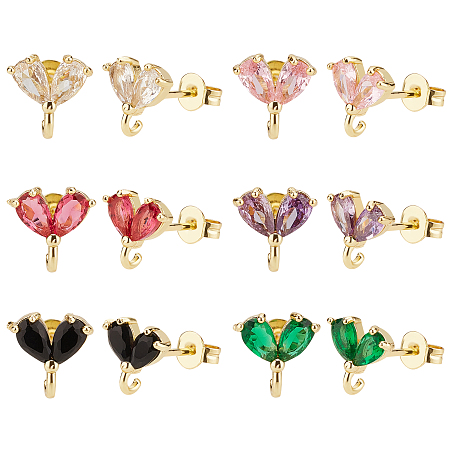 PandaHall Elite 6Pairs 6 Colors Rack Plating Brass Cubic Zirconia Stud Earrings Findings, Golden, with Loop, Heart, Mixed Color, 9x8.5mm, Hole: 1.5mm, Pin: 1mm, 1pair/color