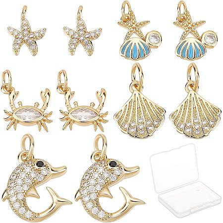 SUNNYCLUE 1 Box 10Pcs 5 Styles Shell Charms Starfish Charm Micro Pave Cubic Zirconia Pendant Brass Dolphin Ocean Pendants for Jewelry Making Charms Keychain Earring Necklace DIY Crafting Accessories