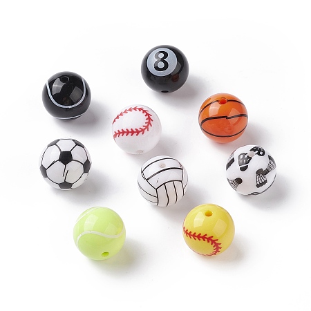 Sport Theme Opaque Resin Beads, Round Ball, Basketball & Football & Tennis, Mixed Pattern, Mixed Color, 17mm, Hole: 2.5mm
