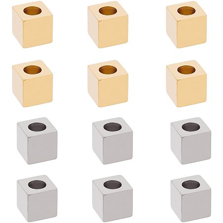 DICOSMETIC 12Pcs 9mm 2 Colors Stainless Steel Cube European Square Beads Spacer Beads Large Hole Beads Metal Loose Beads 5mm Hole for Jewelry Making DIY Findings
