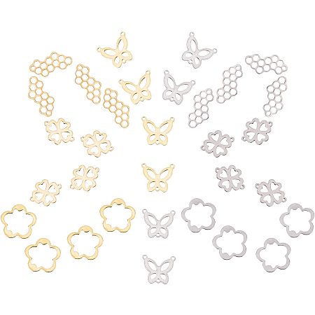 SUNNYCLUE 1 Box 32Pcs 4 Styles Stainless Steel Connectors Charms Hollow Flower Butterfly Clover Honeycomb Links Charm for DIY Jewelry Making Bracelets Crafts Supplies, Golden Silver