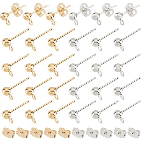 UNICRAFTALE About 120pcs 2 Colors Ball Stud Earring Round Stainless Steel Stud Ball Post Earring with Loop and Ear Nuts for Jewelry Earring Making 15x7x4mm