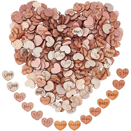 SUPERFINDINGS About 350pcs 4 Styles Rustic Mini Wooden Wedding Decoration Heart with Love and Word Wood Cabochons Heart Shaped Log Slices for Wedding Party Decoration
