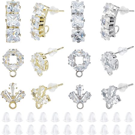 NBEADS 12 Pairs Cubic Zirconia Stud Earrings, 6 Styles Brass Earring Findings with 50 Pcs Plastic Ear Nut Earring Posts Findings for Earring Making- Platinum & Golden