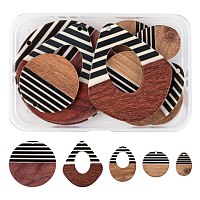 ARRICRAFT 10Pcs 5 Style Resin & Walnut Wood Pendants, Opaque, Waxed, Teardrop & Flat Round, Mixed Color, 24.5~49x17~41x3~4mm, Hole: 2mm, 2pcs/style