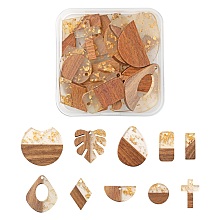 ARRICRAFT 20Pcs 10 Style Resin & Walnut Wood Pendants, with Foil, Waxed, Mixed Color, 14~36x9~37x3~4mm, Hole: 1.8~2mm, 2pcs/style