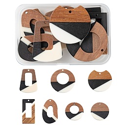 ARRICRAFT 14Pcs 7 Style Resin & Walnut Wood Pendants, Rectangle & Trapezoid & Ring & Flat Round & Gap Flat Round, Mixed Color, 28~38x19.5~37x3~4mm, Hole: 1.8~2mm, 2pcs/style