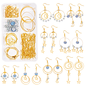 SUNNYCLUE 244Pcs DIY Star & Moon Themed Earring Making Kits, Including Brass Linking Rings & Pendants & Earring Hooks, Alloy Pendants, Glass Beads, Mixed Color