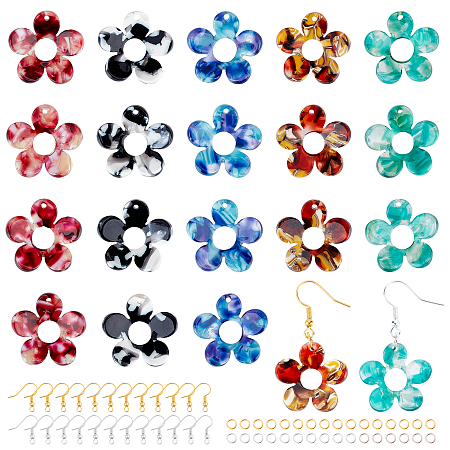 Olycraft DIY Dangle Earring Making Kits, 20Pcs 5 Colors Flower Cellulose Acetate(Resin) Pendants, Iron Jump Rings & Earring Hooks, Mixed Color, 23x24x5mm, Hole: 1.4mm, 4pcs/color