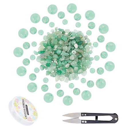 SUNNYCLUE DIY Jewelry Making Kit Including Natural Green Aventurine Chip Bead Strands 3 Sizes Round Natural Green Aventurine Beads with Elastic Crystal Thread Steel Scissors for Jewelry Making