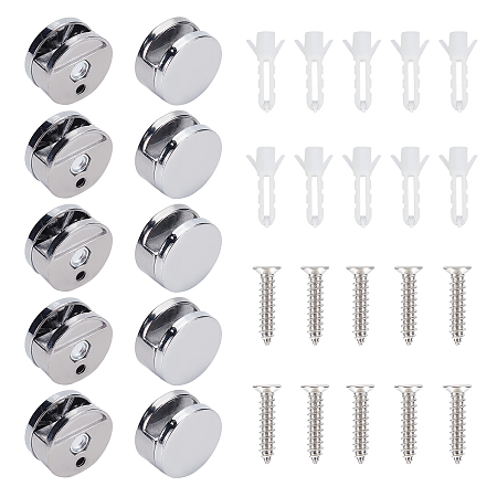 AHANDMAKER 10 Sets Mirror Clips Glass Supports, Round Shaped Mirror Mounting Clips, Platinum Mirror Bracket with Iron Screw and Plastic Plug, Wall Mirror Hanging Kit for Fixing Mirror