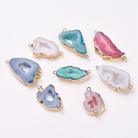Arricraft Electroplate Natural Druzy Geode Quartz Crystal Links/Connectors, with Brass Findings, Nuggets, Golden, Mixed Color, 22~45x10~35x4~5.5mm, Hole: 2mm