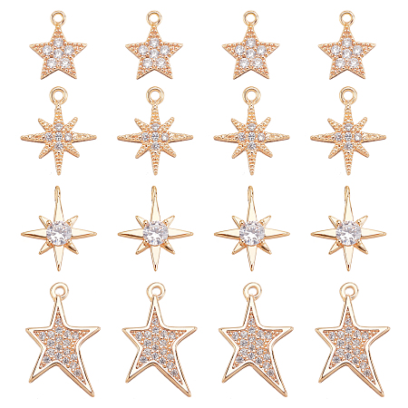 BENECREAT 16Pcs 4 Style Brass Cubic Zirconia Charms, Star, Clear, Nickel Free, Real 18K Gold Plated, 10.5x9x2.5mm, Hole: 0.8mm