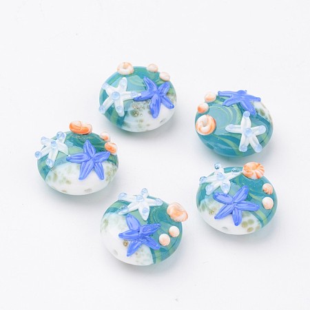 Ocean Style Handmade Lampwork Beads, Flat Round with Starfish, Light Sea Green, 20x10mm, Hole: 2mm