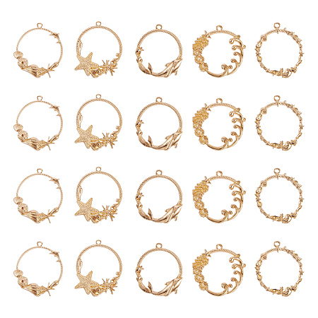 20pcs Sea Theme Alloy Frame Resin Pendants 5-Style Color-Lasting Hollow Resin Frames Open Bezel Charms with Loop for Resin Jewelry Making - Golden