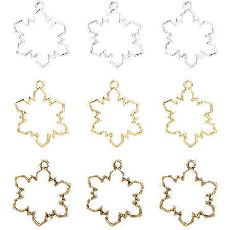 30pcs Color-Lasting Snowflake Open Bezel Charms Alloy Frame Pendants Hollow Resin Frames with Loop for Resin Jewelry Making - Golden & Platinum & Antique Bronze