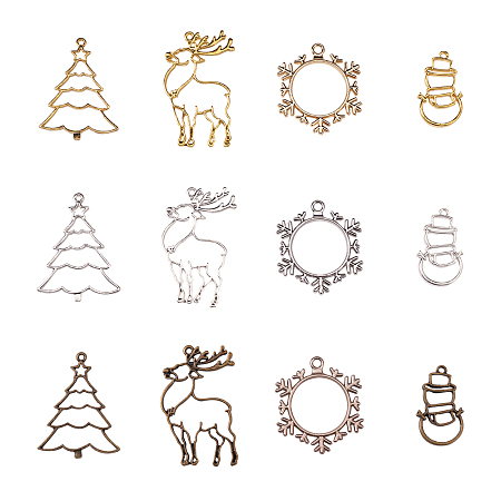 36pcs Christmas Theme Open Bezel Charms 4-Style & 3-Color Alloy Frame Pendants Hollow Resin Frames with Loop for Resin Jewelry Making