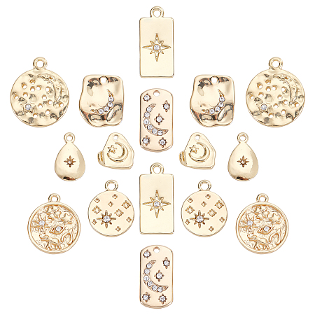 SUNNYCLUE 16Pcs 8 Styles Alloy Pendants, with Crystal Rhinestone, Cadmium Free & Nickel Free & Lead Free, Flat Round & Teardrop & Rectangle & Rounded & Nuggets, Real 18K Gold Plated, 2pcs/style