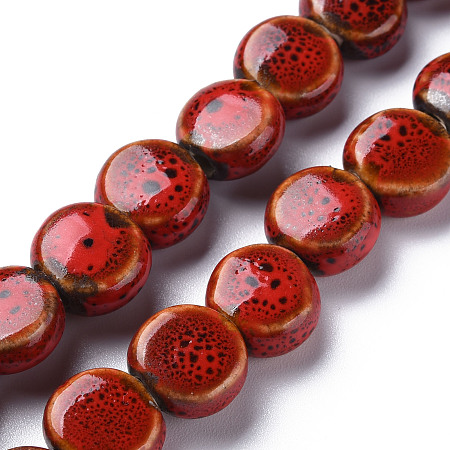 ARRICRAFT Handmade Porcelain Ceramic Beads Strands, Famille Rose Style, Flat Round, FireBrick, 12x7mm, Hole: 2mm, about 28~29pcs/strand, 12.28~12.72 inch(31.2~32.3cm)