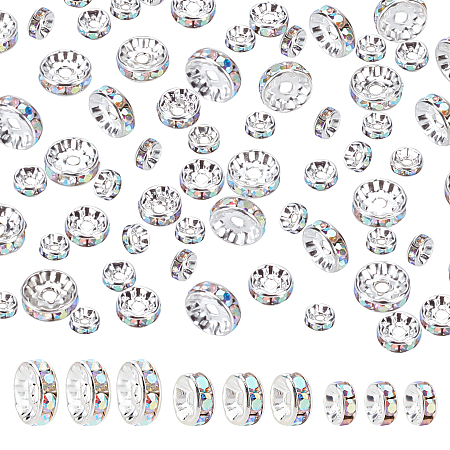 PandaHall Elite 120Pcs 3 Style Brass Rhinestone Spacer Beads, Grade A, Straight Flange, Silver Color Plated, Rondelle, Crystal AB, 6~10x3~4mm, Hole: 1~2mm, 40pcs/style