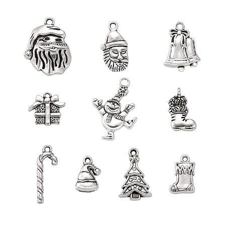 Arricraft 30Pcs Tibetan Antique Silver Christmas Theme Charms Collections Mixed Metal 10 Styles Snowman Santa Claus Sleigh Candy Cane Bell Christmas Tree Pendants 16~29x9~19.5mm