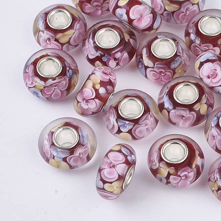 ARRICRAFT Handmade Lampwork European Beads, Inner Flower, Large Hole Beads, with Platinum Color Brass Single Cores, Rondelle, Colorful, 14x7.5mm, Hole: 4mm