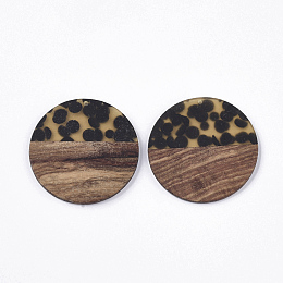 Honeyhandy Resin & Walnut Wood Pendants, Flat Round with Spot, Pale Goldenrod, 49x3~4mm, Hole: 2mm