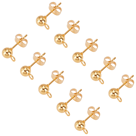 Unicraftale 304 Stainless Steel Stud Earring Findings, with Loop and Eae Nut, Earring Posts, Round, Golden, 17x5mm, Hole: 2mm, Pin: 0.8mm; Stud Earring Findings: 20pcs/box, Ear Nuts: 20pcs/box